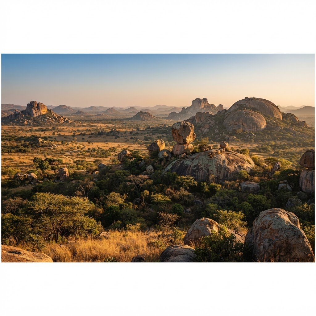 Balancing granite boulders of the Matobo Hills at golden hour